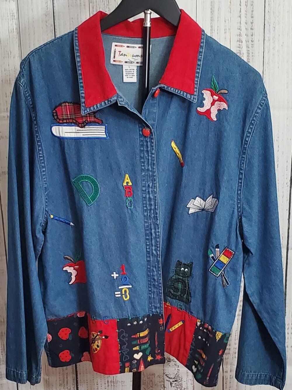 Tantrums Womens Button Up Embroidery School Theme Denim Shirt Size Large